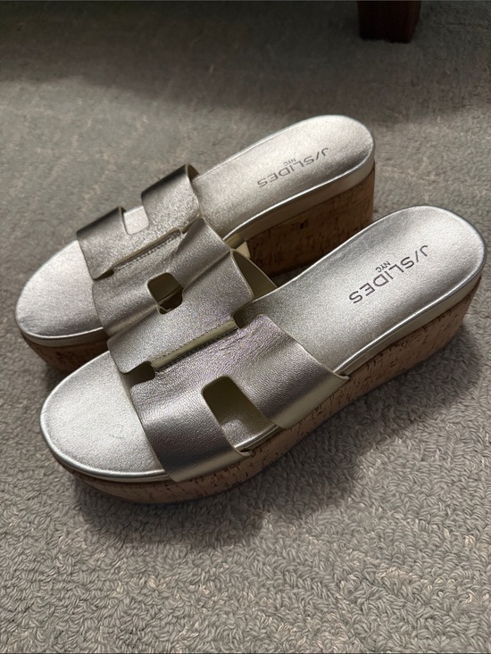 J Slides Shoes - J Slides Metallic Silver Cork Platform Slide Sandals